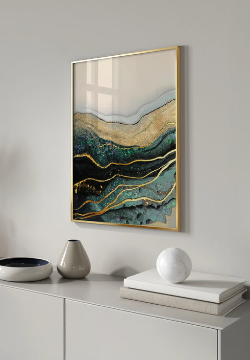 Poster Turquoise Paint Stroke Left Real Gold + Gold Metallic Frame 50x70cm