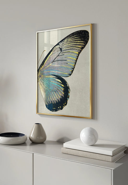 Poster Turquoise Butterfly Right Real Gold + Gold Metallic Frame 50x70cm