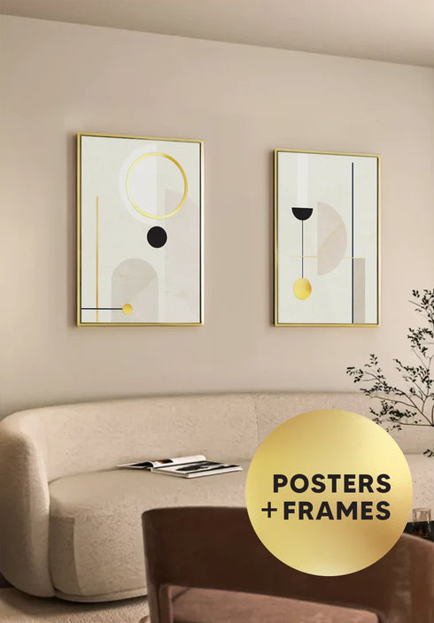 Set Of 2 Posters Creme Geometric Art Real Gold + 2 Gold Metallic Frames 50x70cm