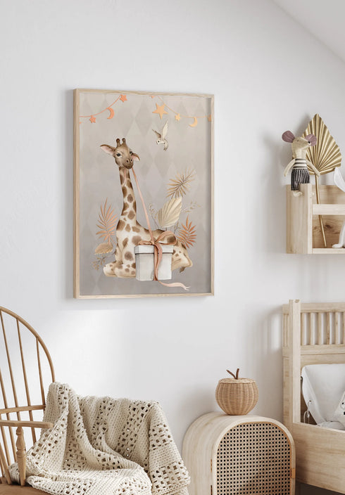 Poster Boho Giraffe Real Rose Gold + Natural Oak Frame 50x70cm