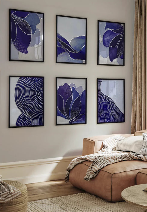 Set Of 6 Posters Navy Lotus Real Silver + 6 Metallic Black Frames 50x70cm