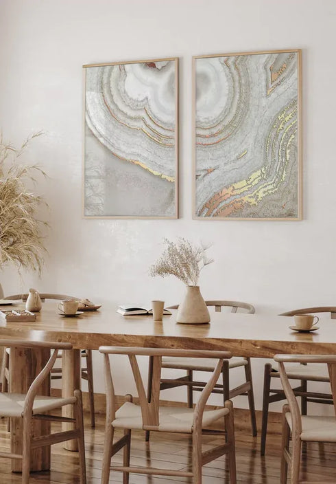 Set Of 2 Posters Brown Agate Real Rose Gold + Natural Oak Frames 50x70cm