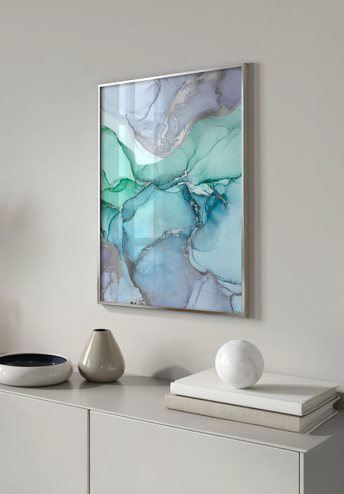 Poster Watercolor Blue Real Silver + Silver Metallic Frame 50x70cm