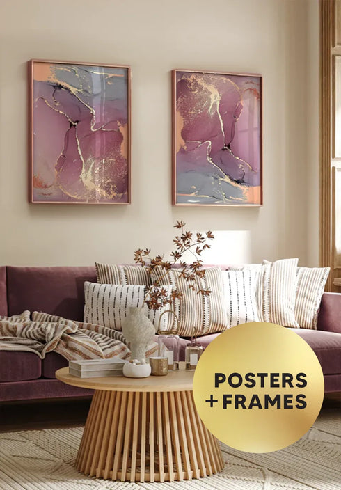 Set Of 2 Posters Watercolor Rose Real Rose Gold + 2 Rose Gold Metallic Frames 50x70cm