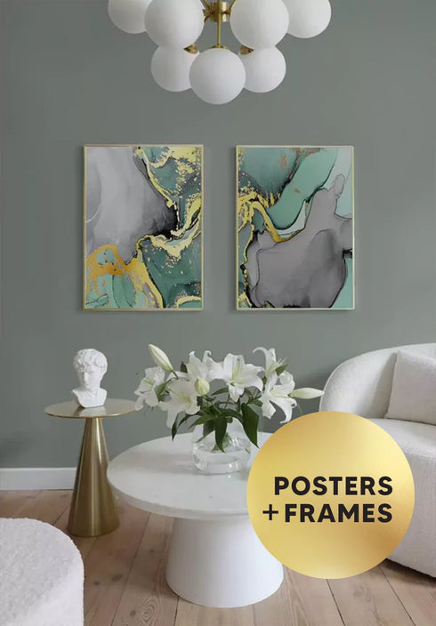 Set Of 2 Posters Turquoise Watercolor Real Gold + 2 Gold Metallic Frames 50x70cm