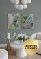 Set Of 2 Posters Turquoise Watercolor Real Gold + 2 Gold Metallic Frames 50x70cm