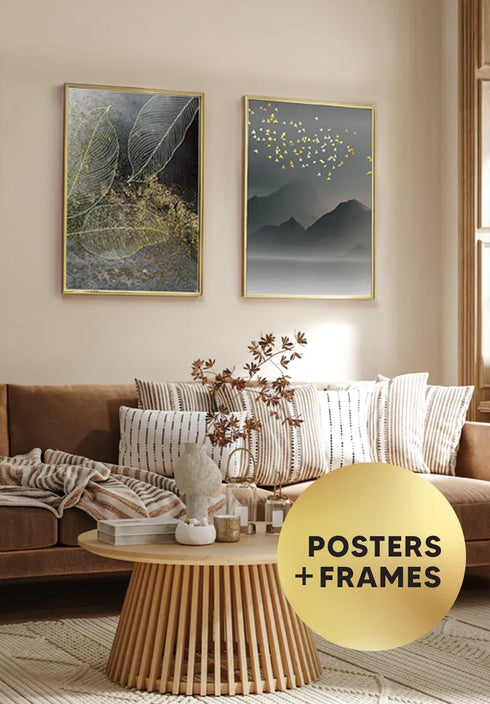 Set Of 2 Posters Moody Leaves Real Gold + 2 Gold Metallic Frames 50x70cm