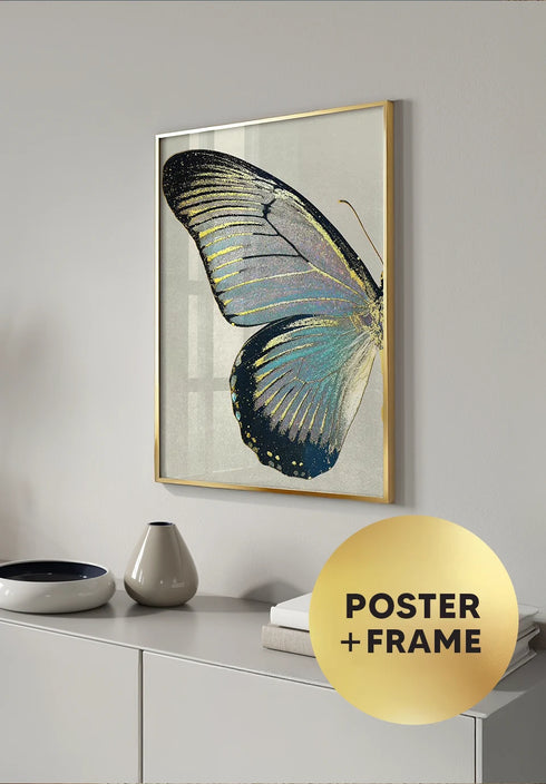 Poster Turquoise Butterfly Left Real Gold + Gold Metallic Frame 50x70cm