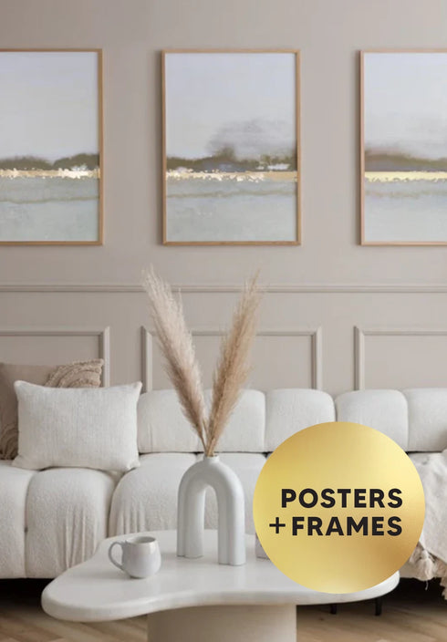 Set Of 3 Posters Creme Abstract Line Real Gold + 3 Natural Oak Frames 50x70cm