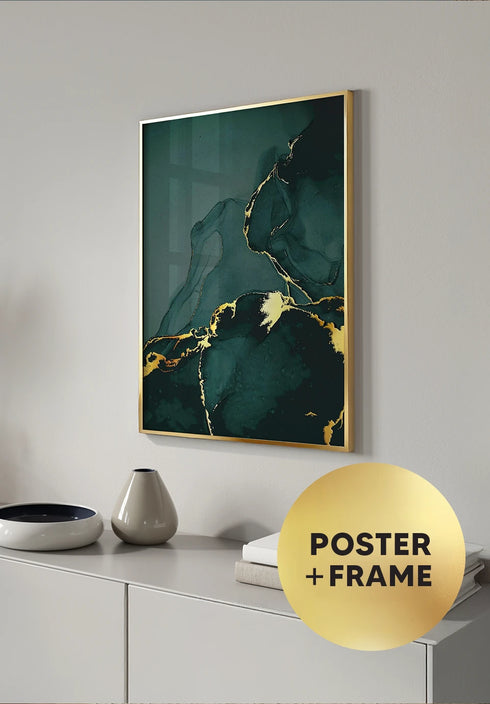 Poster Green Marble Real Gold + Gold Metallic Frame 50x70cm