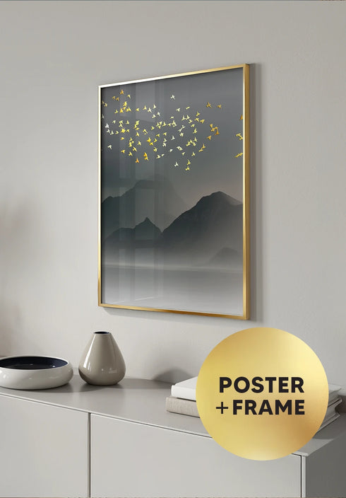 Poster Mountain Birds Real Gold + Gold Metallic Frame 50x70cm
