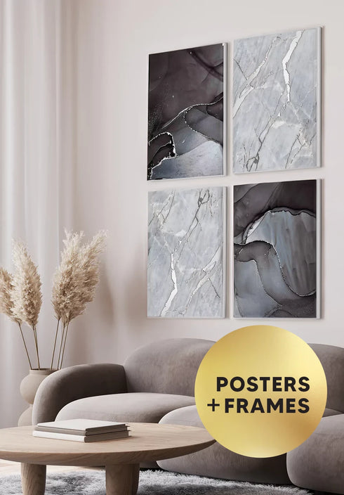 Set Of 4 Posters Brush Stroke Real Silver + 4 Metallic Silver Frames 50x70cm