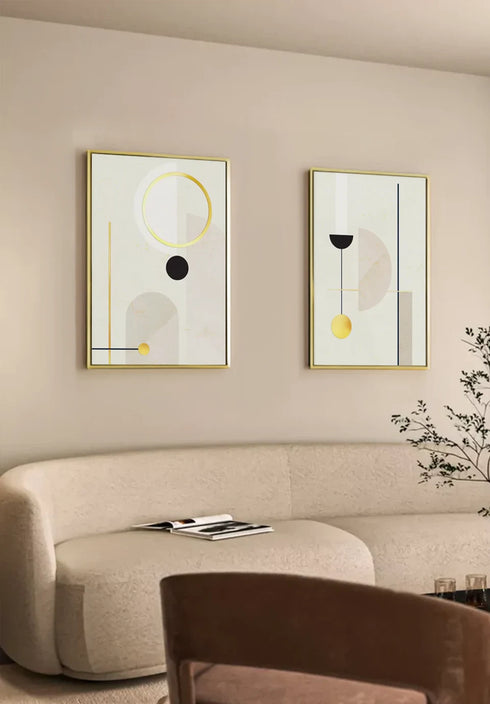 Set Of 2 Posters Creme Geometric Art Real Gold + 2 Gold Metallic Frames 50x70cm