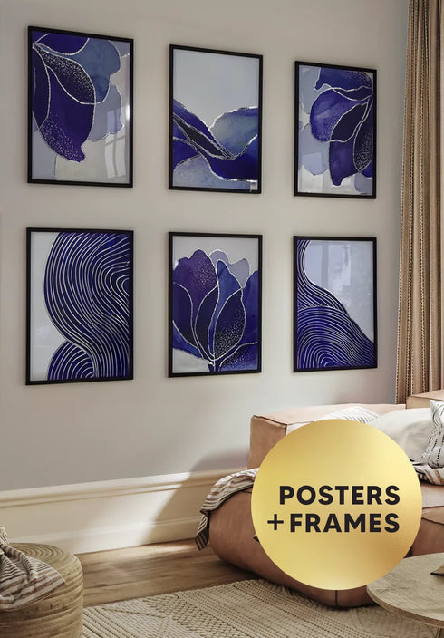 Set Of 6 Posters Navy Lotus Real Silver + 6 Metallic Black Frames 50x70cm