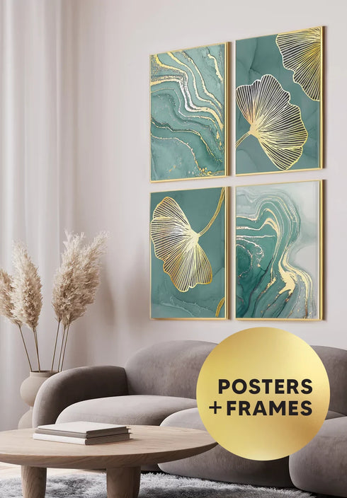 Set Of 4 Posters Mint Marble Real Gold + 4 Gold Metallic Frames 50x70cm