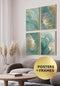 Set Of 4 Posters Mint Marble Real Gold + 4 Gold Metallic Frames 50x70cm