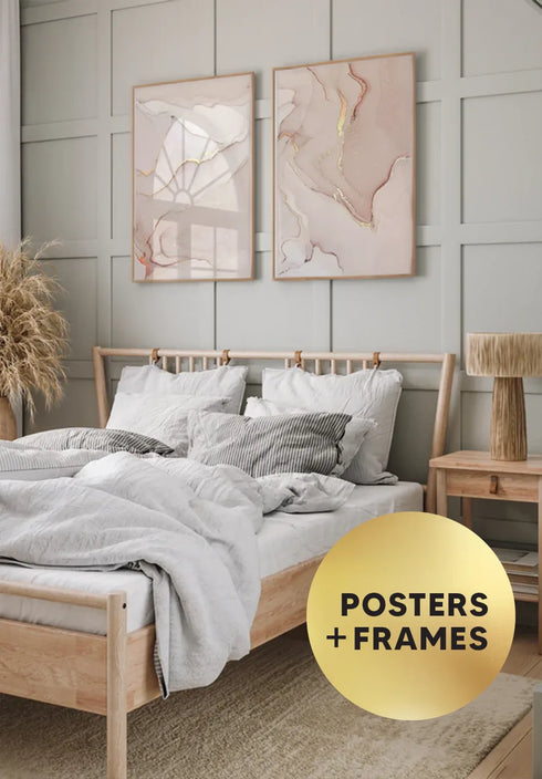 Set Of 2 Posters Light Coral Real Rose Gold + 2 Natural Oak Frames 50x70cm