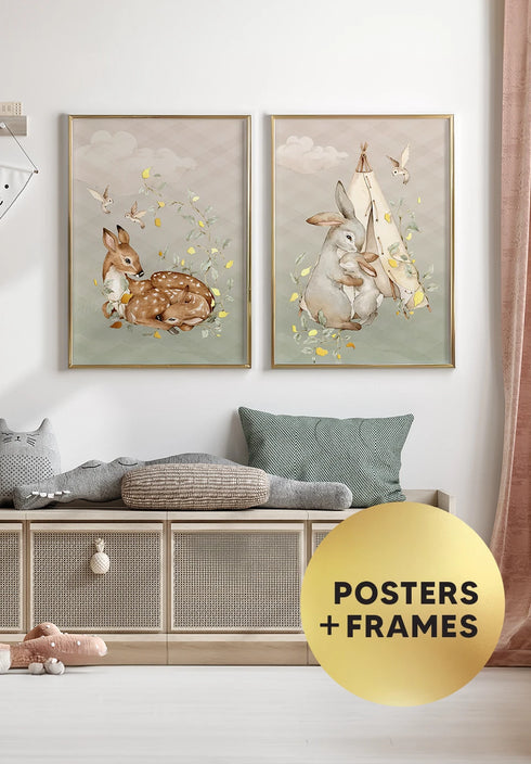 Set Of 2 Posters Forest Deer Real Gold + 2 Gold Metallic Frames 50x70cm