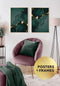 Set Of 2 Posters Green Marble Real Gold + Gold Metallic Frames 50x70cm