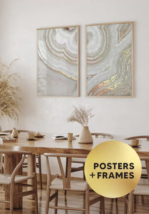 Set Of 2 Posters Brown Agate Real Rose Gold + Natural Oak Frames 50x70cm