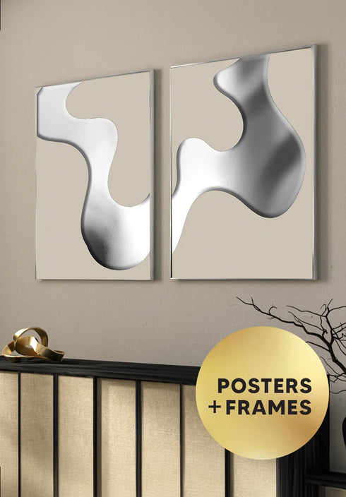 Set Of 2 Posters Taupe Swirl Silver + 2 Silver Metallic Frames 50x70cm