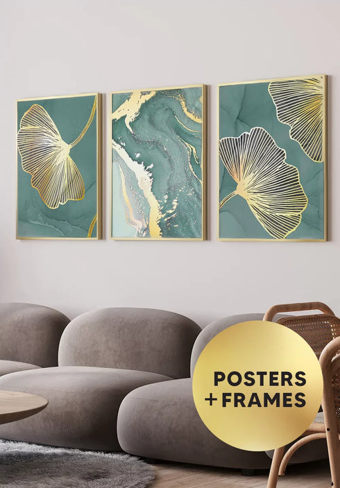 Set Of 3 Posters Mint Ginko Real Gold + 3 Gold Metallic Frames 50x70cm