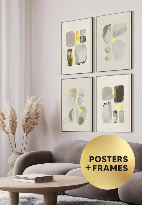 Set Of 4 Posters Creme Brush Strokes Real Gold + 4 Metallic Black Frames 50x70cm