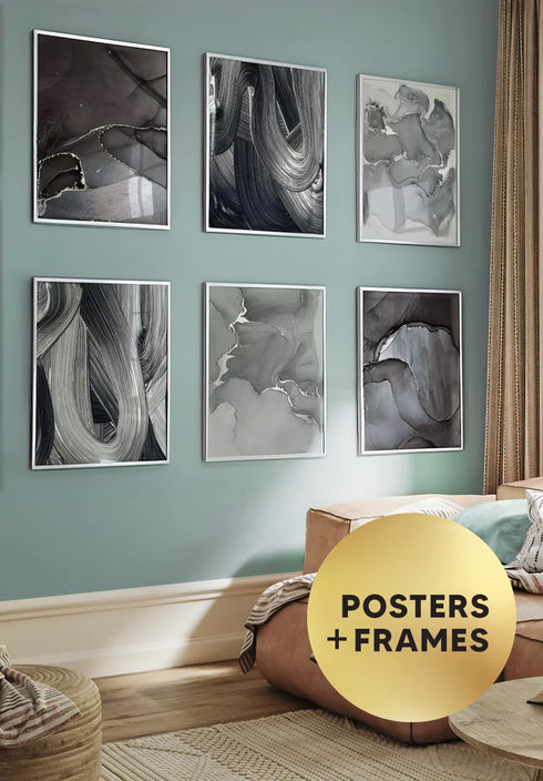 Set Of 6 Posters Brush Stroke Real Silver + 6 Silver Metallic Frames 50x70cm