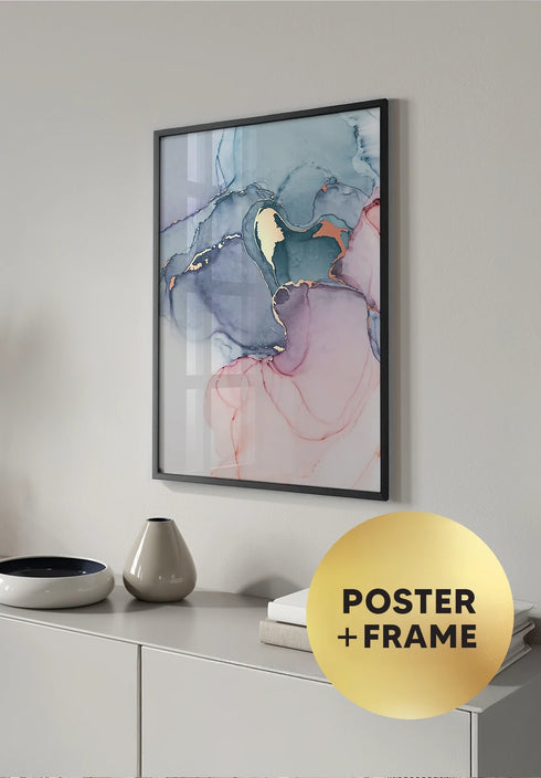 Poster Watercolor Pink Marble Real Rose Gold + Black Metallic Frame 50x70cm