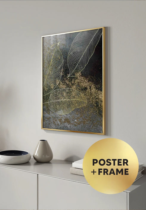 Poster Moody Leaves Real Gold + Gold Metallic Frame 50x70cm