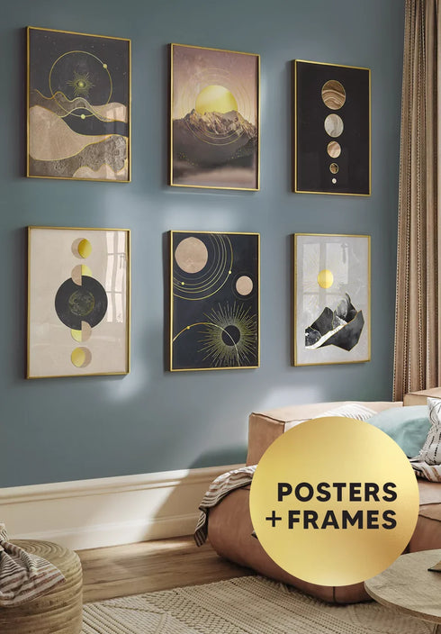 Set Of 6 Posters Space Abstract Real Gold + 6 Gold Metallic Frames 50x70cm