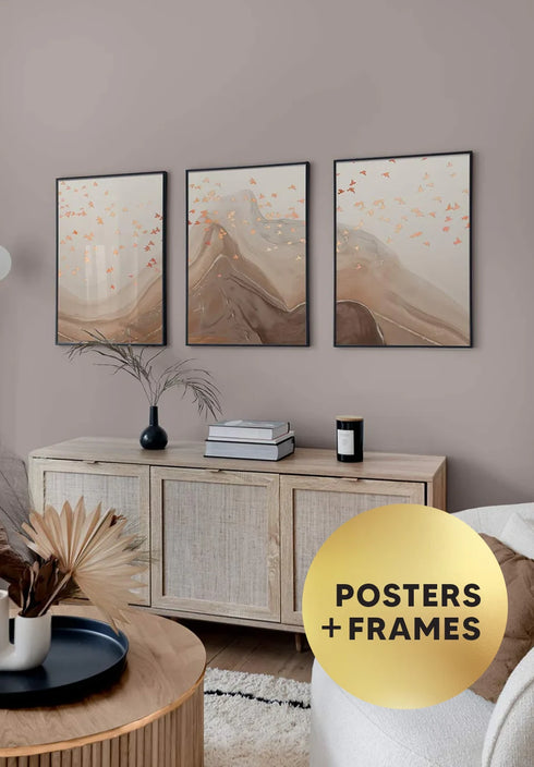 Set Of 3 Posters Caramel Birds Real Rose Gold + 3 Black Metallic Frames 50x70cm