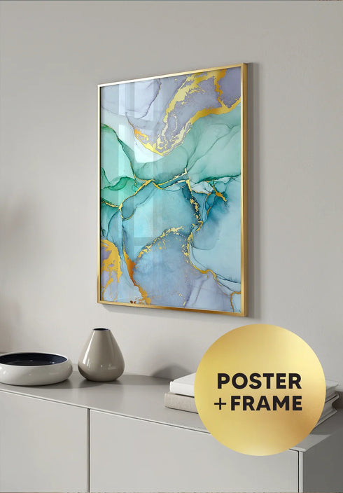 Poster Watercolor Blue Real Gold + Gold Metallic Frame 50x70cm