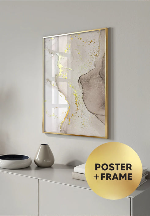 Poster Beige Watercolor Real Gold + Gold Metallic Frame 50x70cm