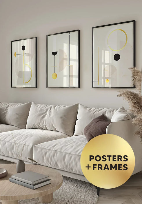 Set Of 3 Posters Creme Geometric Art Real Gold + 3 Black Metallic Frames 50x70cm