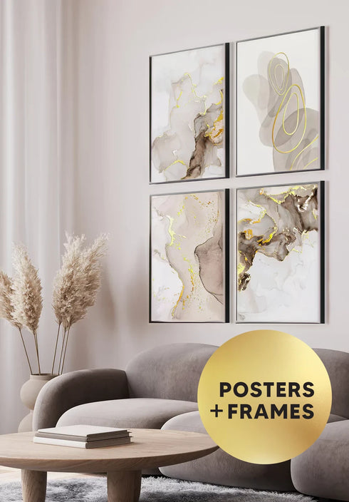 Set Of 4 Posters Beige Brown Paint Real Gold + 4 Metallic Black Frames 50x70cm