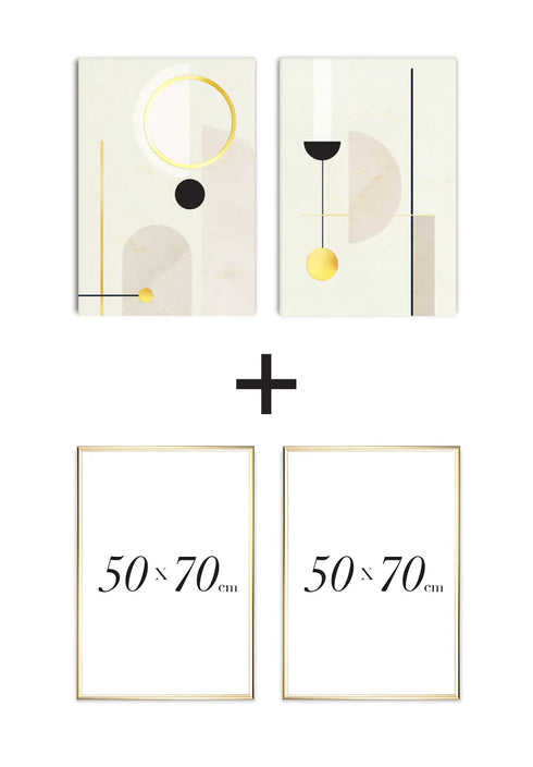 Set Of 2 Posters Creme Geometric Art Real Gold + 2 Gold Metallic Frames 50x70cm