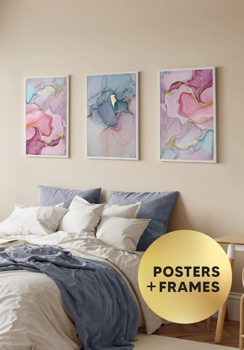 Set Of 3 Posters Watercolor Pink Pastel Real Gold + 3 White Metallic Frames 50x70cm