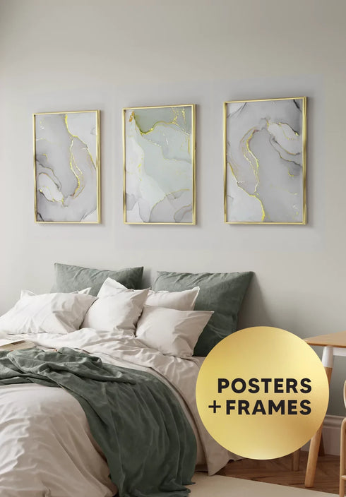 Set Of 3 Posters Grey Pistachio Real Gold + 3 Gold Metallic Frames 50x70cm