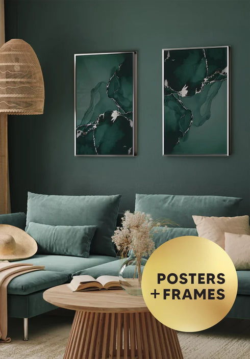 Set Of 2 Posters Green Marble Real Silver + 2 Silver Metallic Frames 50x70cm