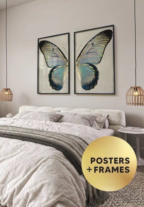 Set Of 2 Posters Turquoise Butterfly Real Gold + 2 Black Metallic Frames 50x70cm