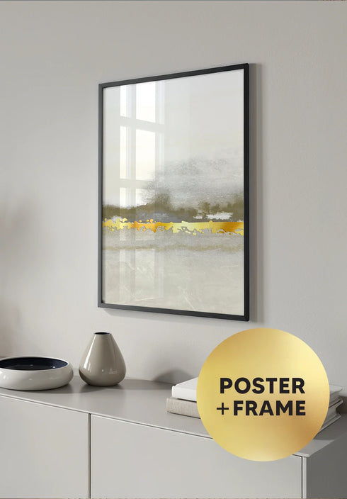 Poster Creme Abstract Line Middle Real Gold + Black Metallic Frame 50x70cm