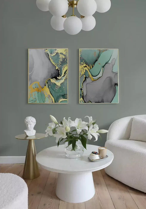 Set Of 2 Posters Turquoise Watercolor Real Gold + 2 Gold Metallic Frames 50x70cm