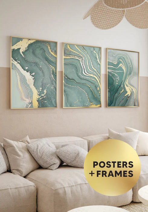 Set Of 3 Posters Mint Marble Real Gold + 3 Gold Metallic Frames 50x70cm