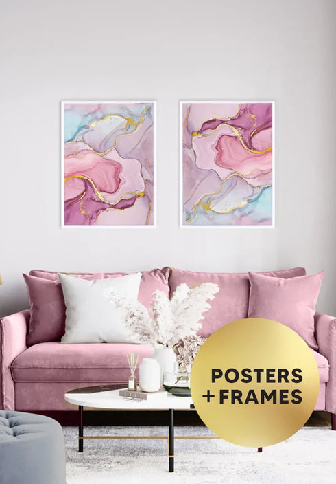 Set Of 2 Posters Watercolor Pink Pastel Real Gold + 2 White Metallic Frames 50x70cm