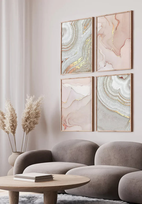 Set Of 4 Posters Brown Agate Real Rose Gold + 4 Natural Oak Frames 50x70cm