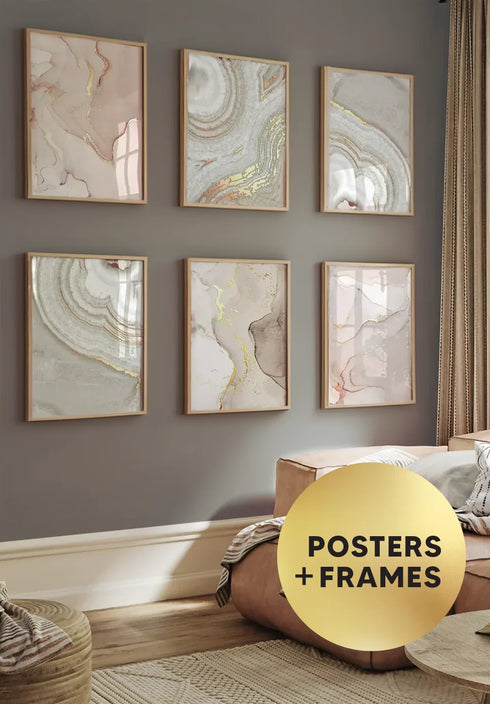 Set Of 6 Posters Light Coral + 6 Natural Oak Frames 50x70cm