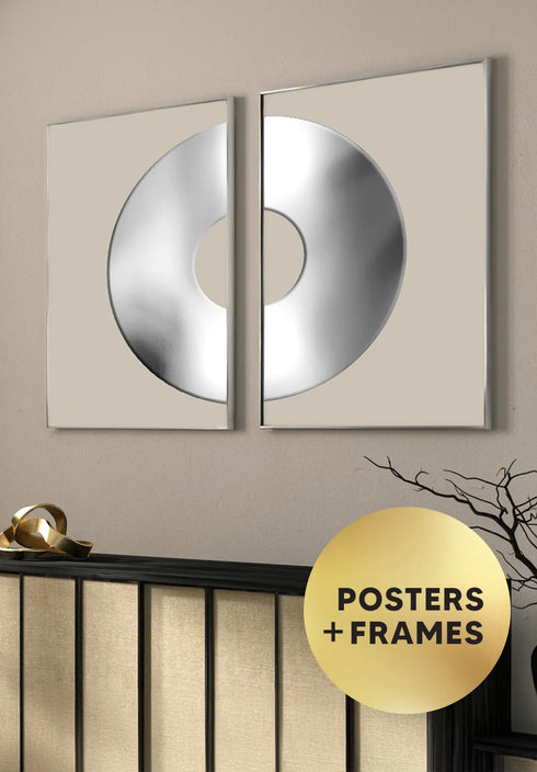 Set Of 2 Posters Taupe Donout Silver + 2 Silver Metallic Frames 50x70cm