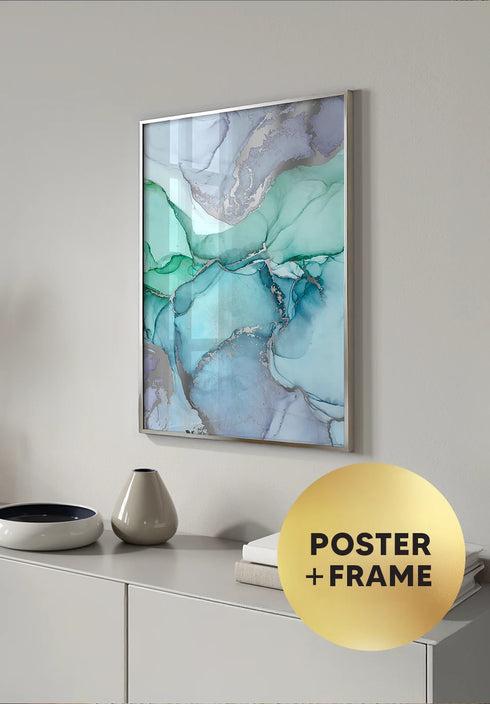 Poster Watercolor Blue Real Silver + Silver Metallic Frame 50x70cm