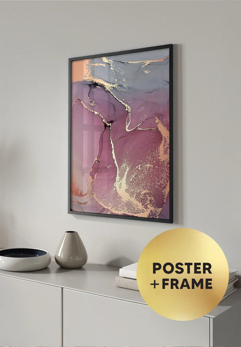 Poster Watercolor Rose Real Rose Gold + Black Metallic Frame 50x70cm